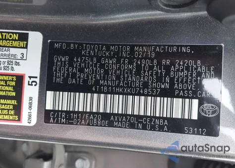 2019 Toyota Camry Le z USA, uszkodzony, nr VIN 4T1B11HKXKU748537